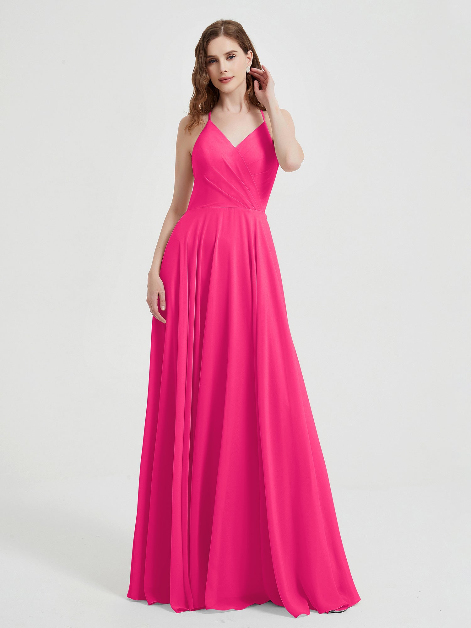 V-neck Bridesmaid Dress with Cross Back Fuchsia